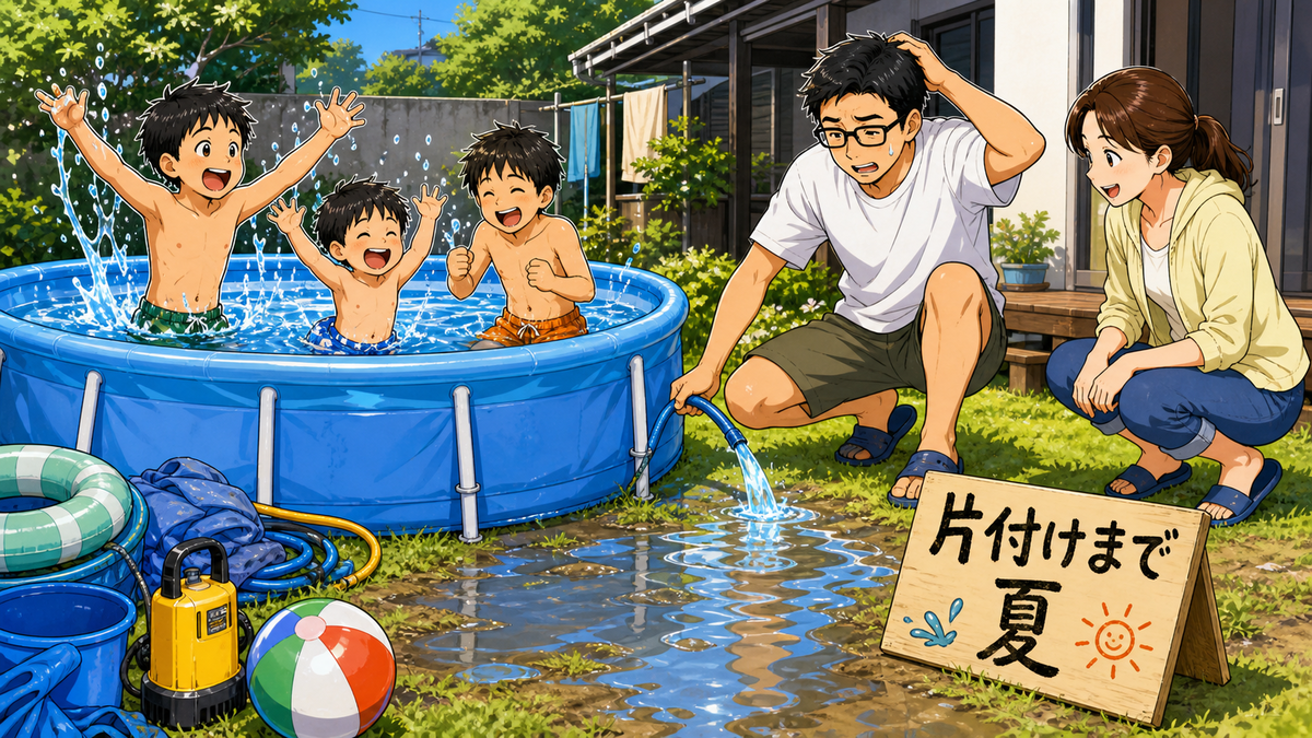 夏の庭で大型プールを楽しむ子どもたちと、水抜きでできた水たまりに苦笑いする父母のイラスト