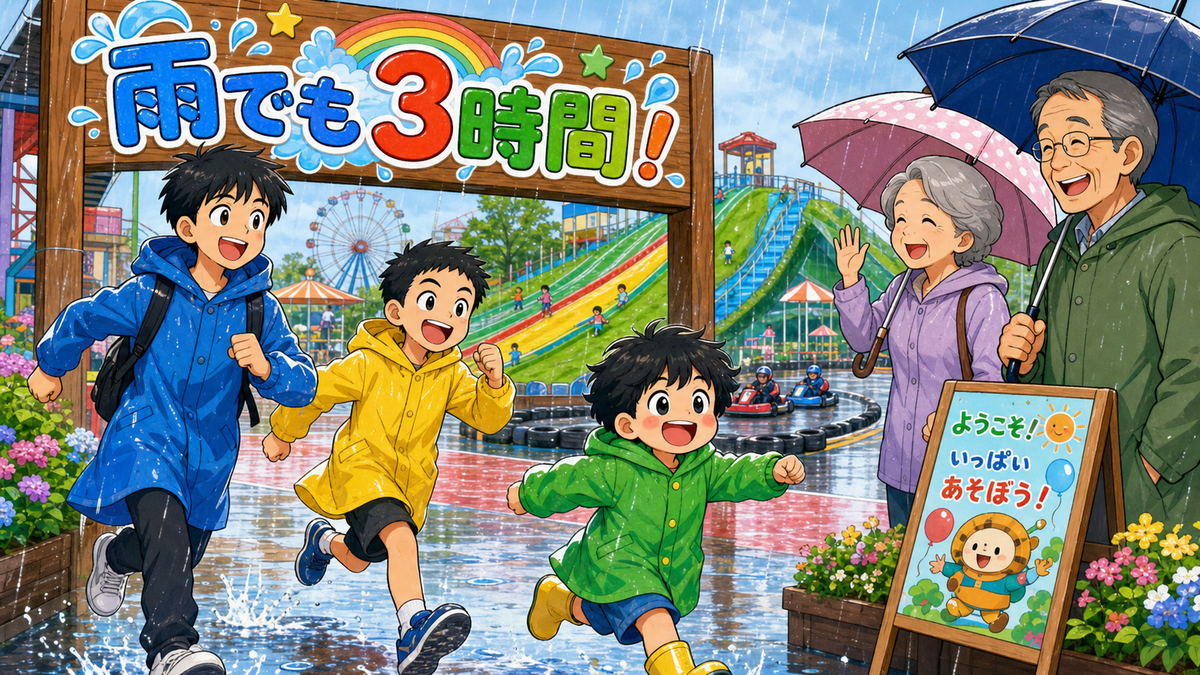 レインコート姿の子どもたちが雨のONOKOROで遊びに向かうイラスト