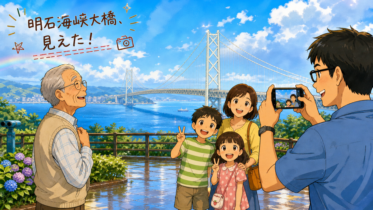 淡路PAで明石海峡大橋を見て喜ぶ家族とじーじのイラスト