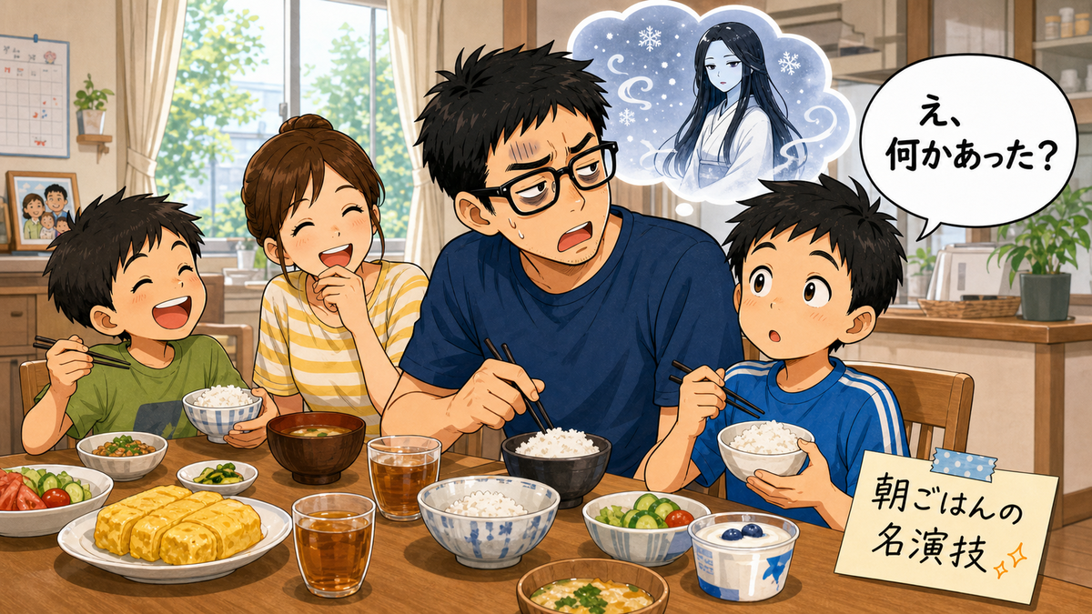 帰宅後の自宅朝食で次男がとぼけ、父が寝不足顔で見つめる背後に雪女の回想が浮かぶイラスト