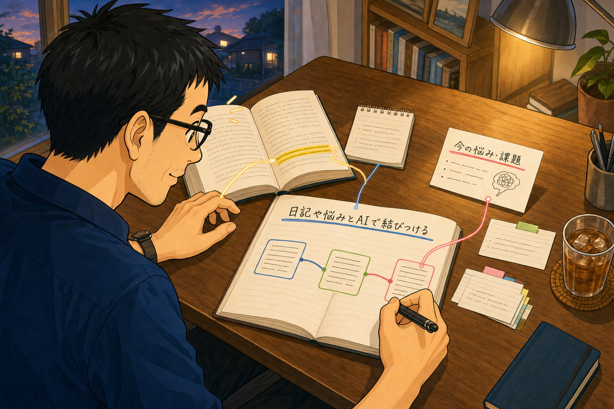 本の一文と日記や現在の悩みを線で結びつける黒縁メガネの男性