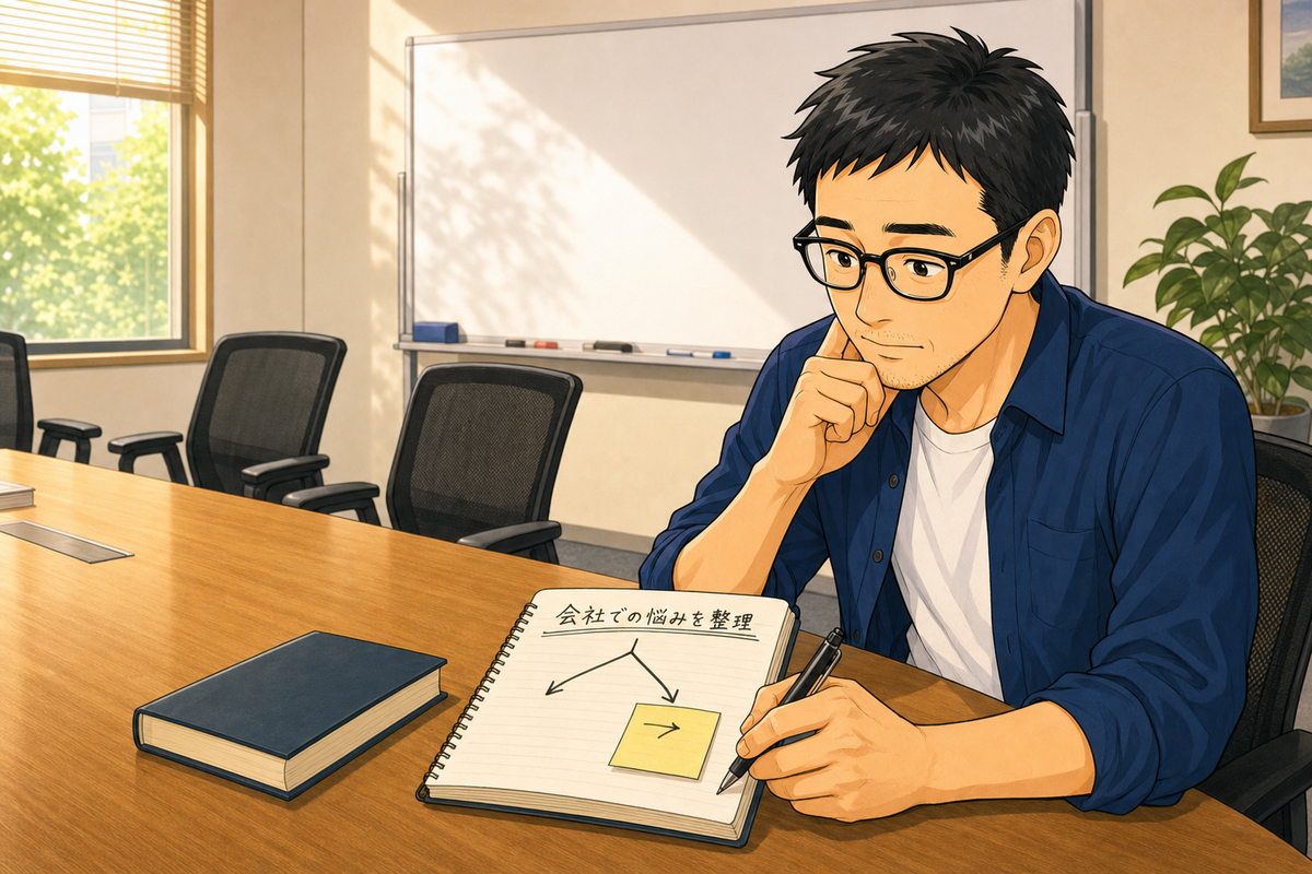 会議後の部屋で「会社での悩みを整理」と書いたノートを見ながら次の案を考える男性