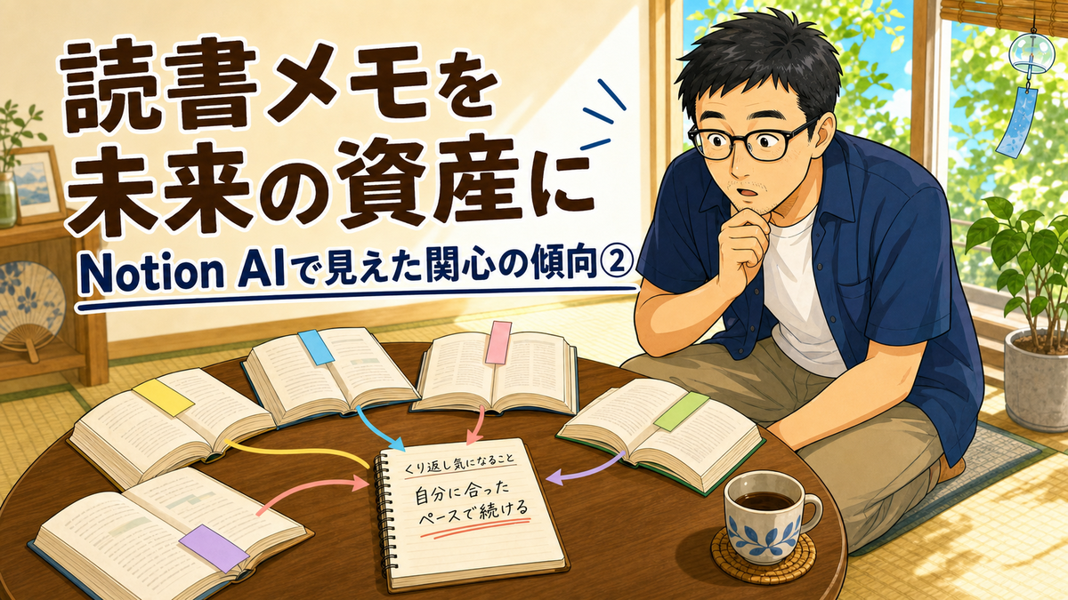 複数の本の付箋が一冊のノートへつながる様子を見つめる黒縁メガネの男性と「読書メモを未来の資産に」の文字`
