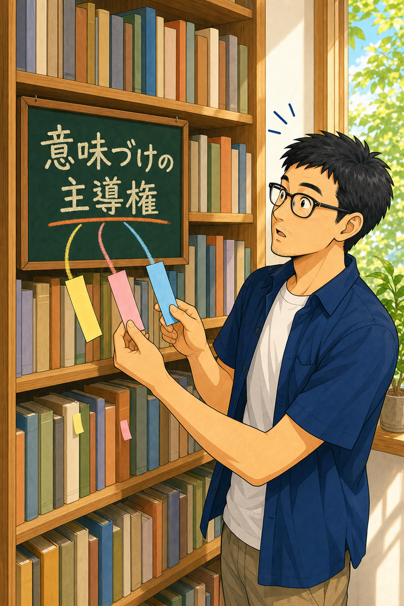 異なる本から抜き出した3色の付箋と「意味づけの主導権」と書かれた黒板を見比べる男性