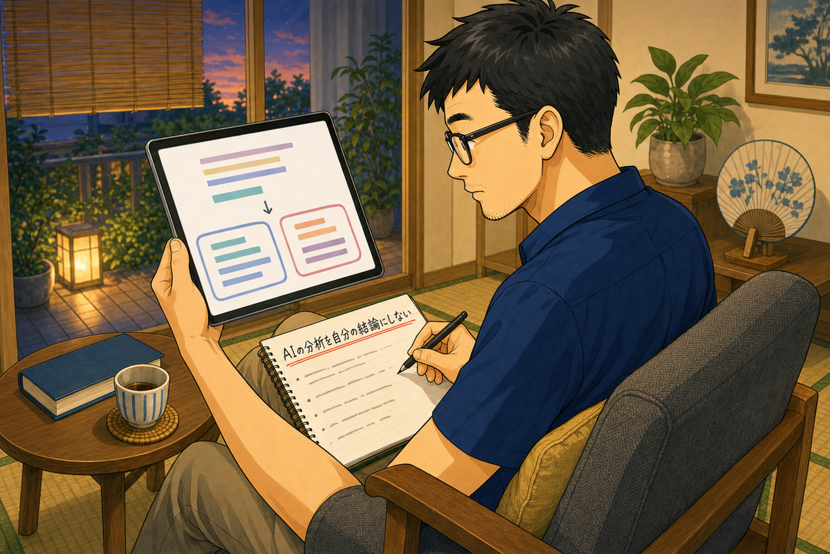 タブレットのAI分析を見ながら「AIの分析を自分の結論にしない」と書いたノートで考える男性