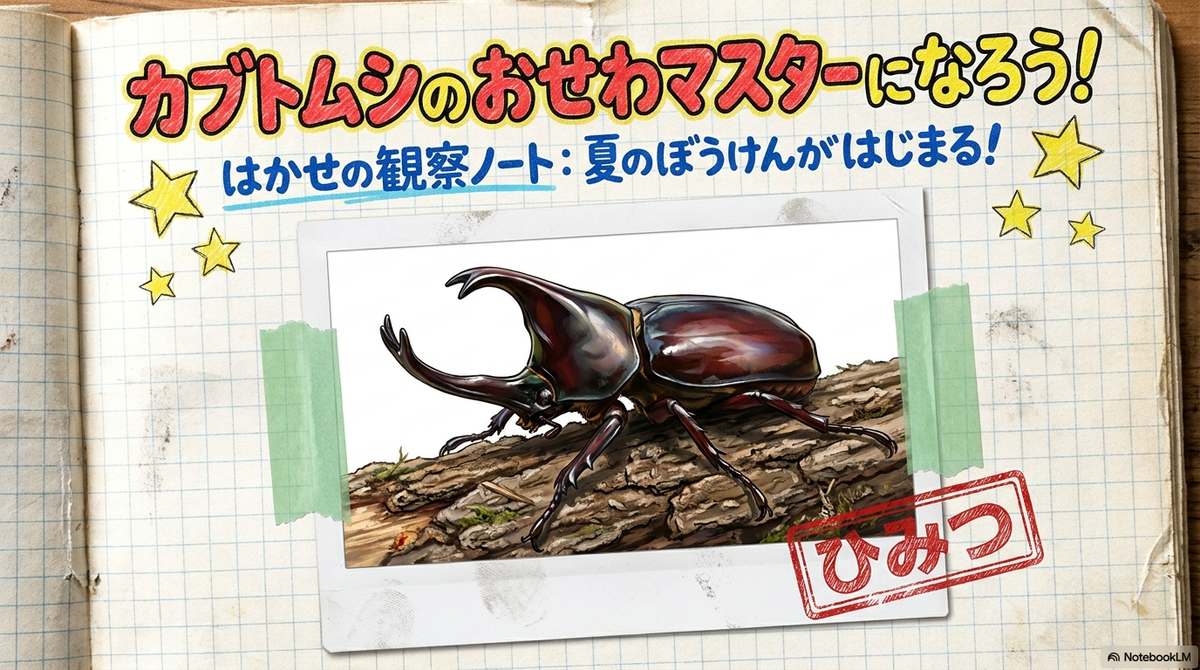 「カブトムシのおせわマスターになろう！」と書かれたカブトムシ飼育資料の表紙