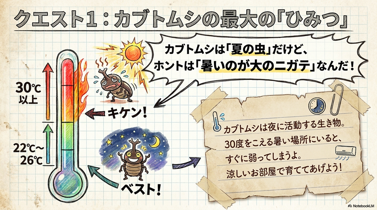 カブトムシに適した22〜26度と30度以上の暑さの危険を示したスライド