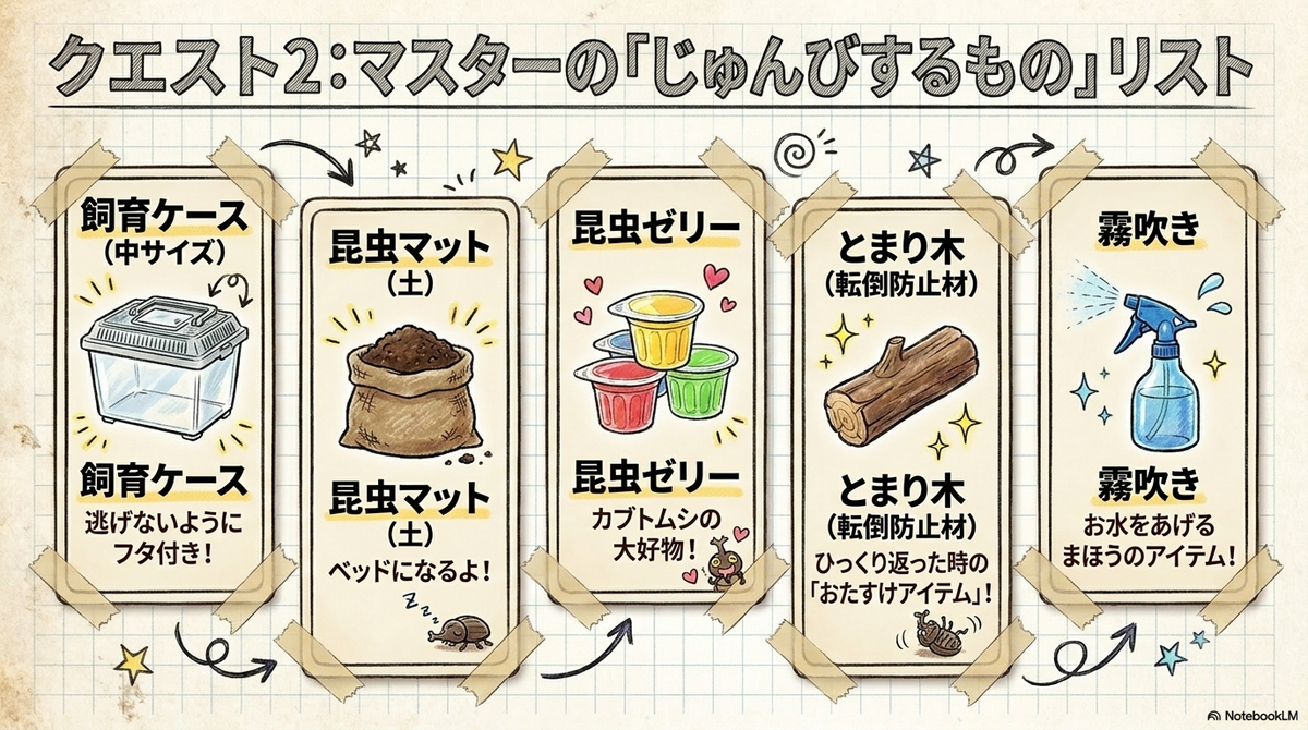 飼育ケース、昆虫マット、昆虫ゼリー、止まり木、霧吹きを並べた準備品リスト