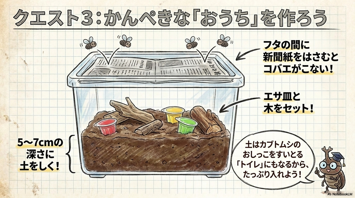 昆虫マットや止まり木を入れたカブトムシ飼育ケースの作り方