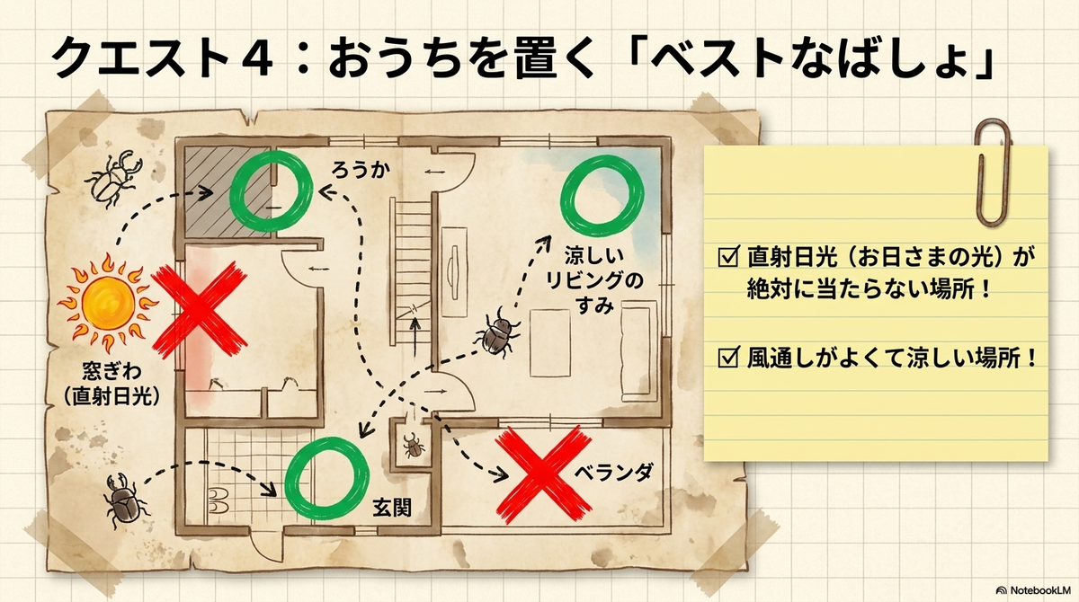 直射日光を避けた涼しい室内をカブトムシの置き場所として示した間取り図