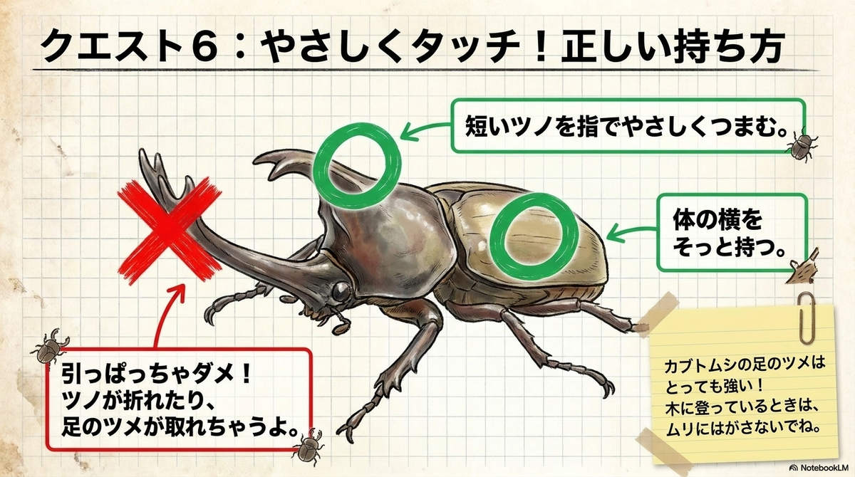 カブトムシの角を引っ張らず体の横を持つ方法を示したスライド