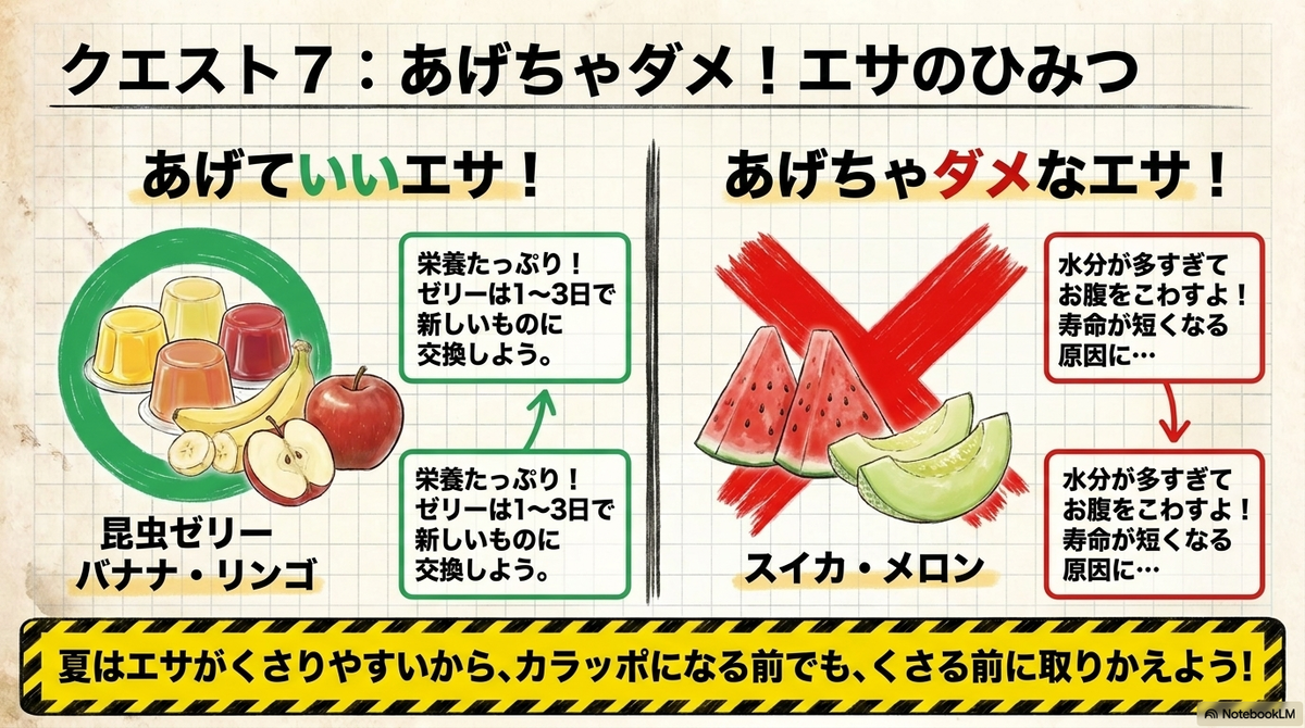昆虫ゼリーやバナナと、水分の多いスイカやメロンを比較したエサの説明