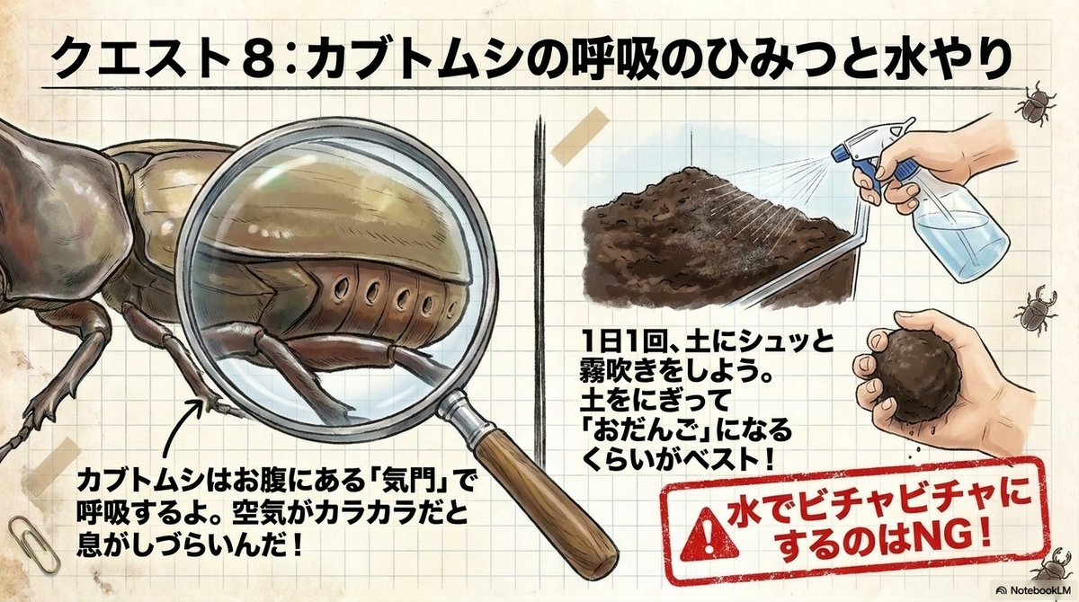 カブトムシの気門と昆虫マットへの霧吹きを説明したスライド