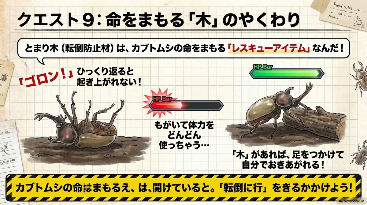転倒したカブトムシが起き上がるための止まり木の役割を示したスライド