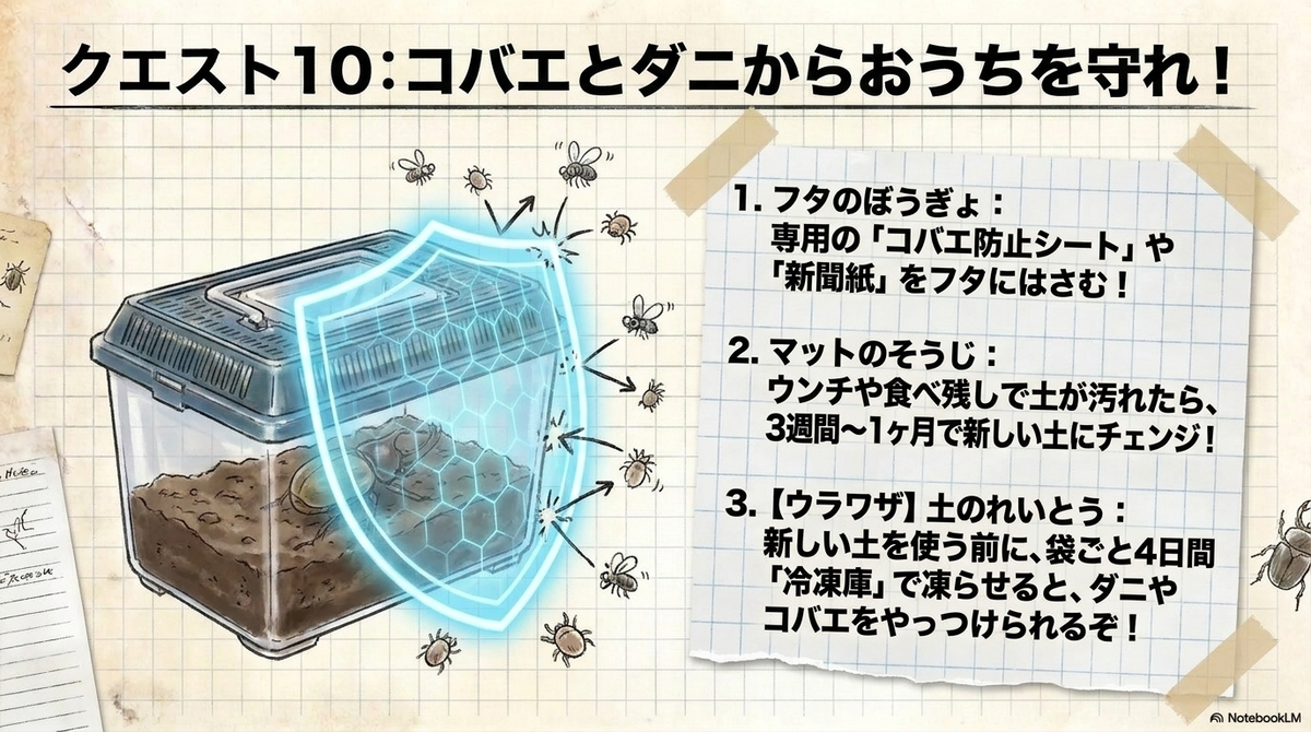 コバエとダニを防ぐ飼育ケースや昆虫マットの手入れ方法をまとめたスライド