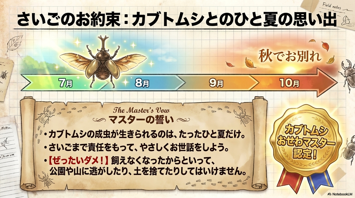 7月から10月までのカブトムシの成虫の季節と飼育の約束を示したスライド