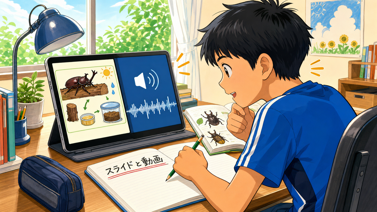 カブトムシのイラスト資料と音声波形を表示した端末を、小5の息子がノートを取りながら見るイラスト