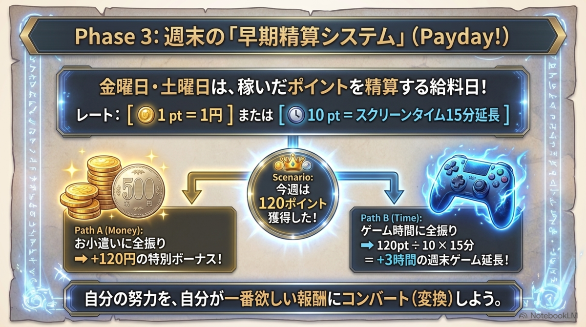 120ポイントをお小遣いまたはゲーム時間へ交換する例