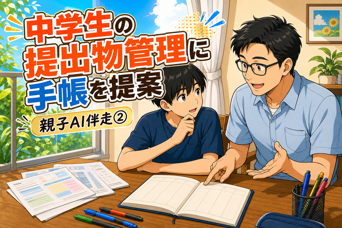 手帳を前に話す父親と中1長男と「中学生の提出物管理に手帳を提案」の文字