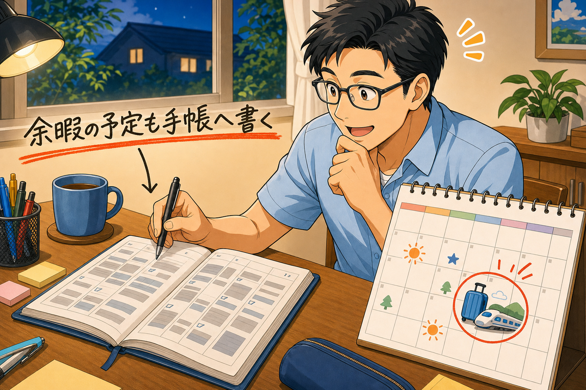 仕事中心の手帳と旅行予定のある家族カレンダーを見比べる父親
