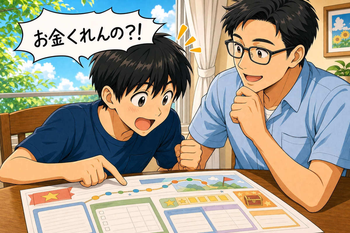 ポイ活手帳の資料を見て「お金くれんの?!」と身を乗り出す中1長男