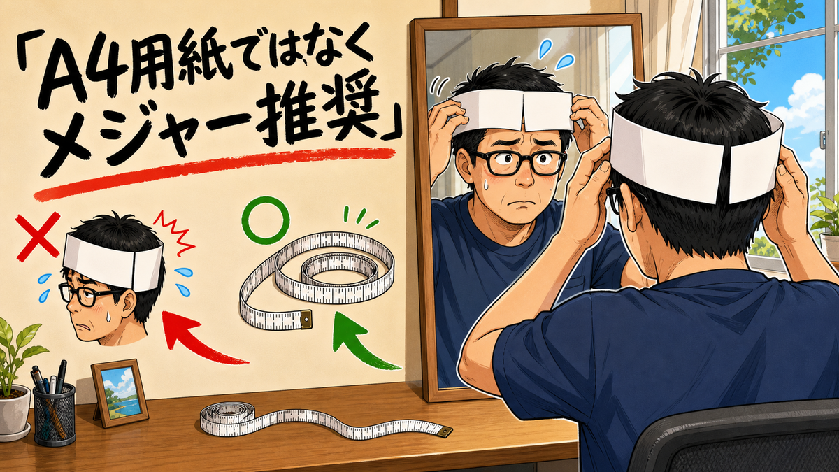 A4用紙を頭に当ててサイズを測ろうとする父親のコミカルなイラスト