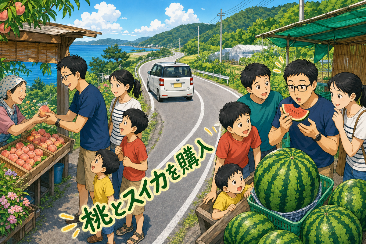 家族が別々の果物販売所で桃と大きなスイカを買う二場面のイラスト