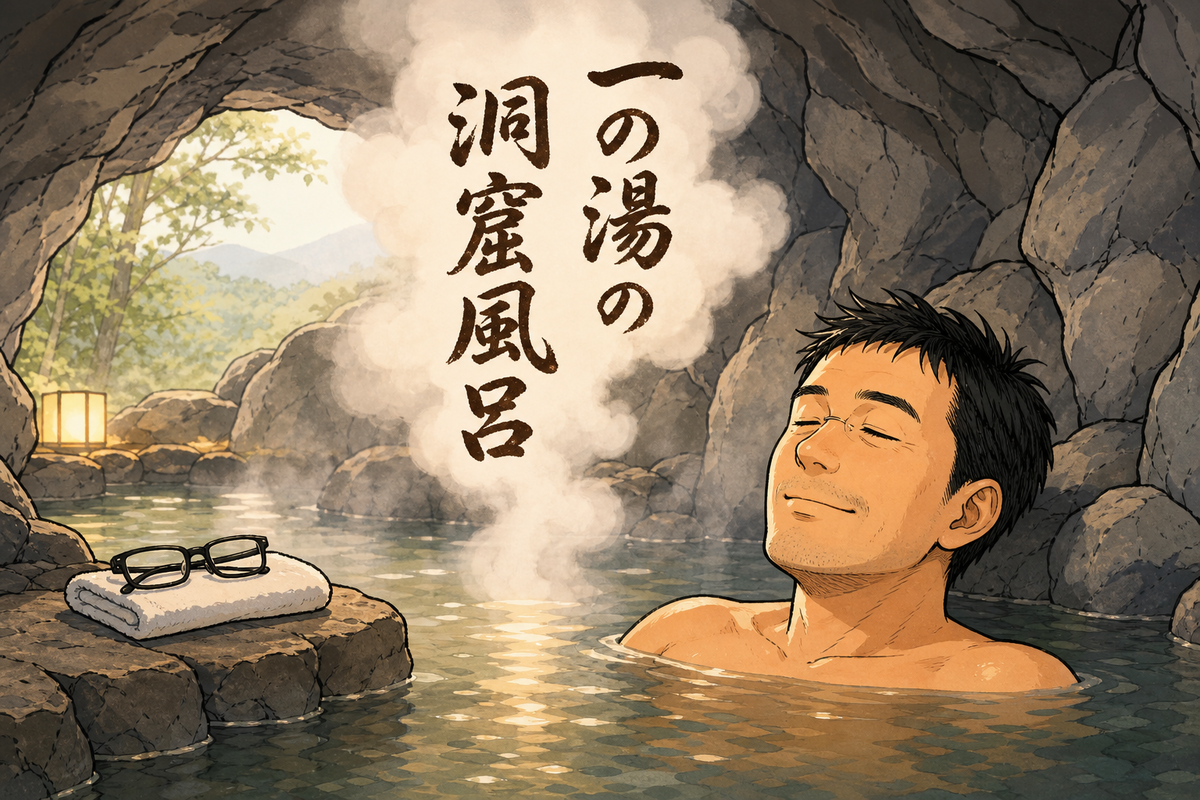 父親が岩に囲まれた洞窟風呂で肩まで湯に浸かるイラスト