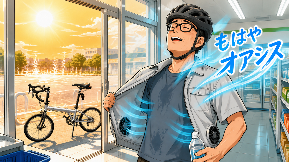 ヘルメットを着用した男性がコンビニの冷気を空調服へ取り込み涼しさを感じるイラスト