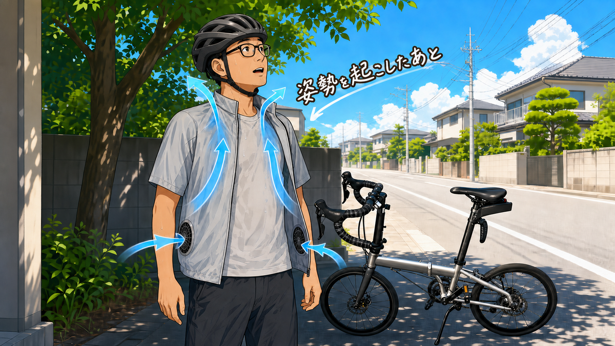 ヘルメットを着用した男性が自転車を降りて姿勢を起こし、空調服の風が上半身へ流れるイラスト