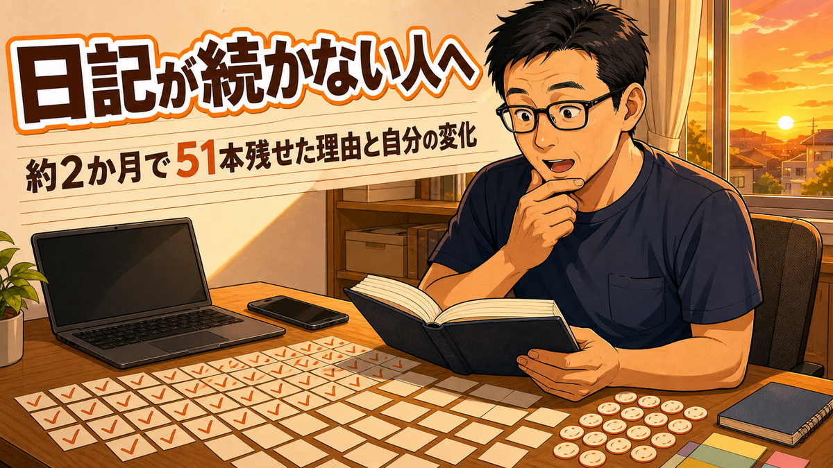 「日記が続かない人へ」の文字と、日記51本を振り返る父親のイラスト