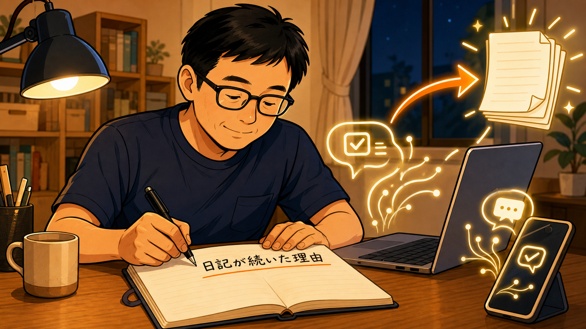 日記を書きながらAIの反応を受け取る父親のイラスト