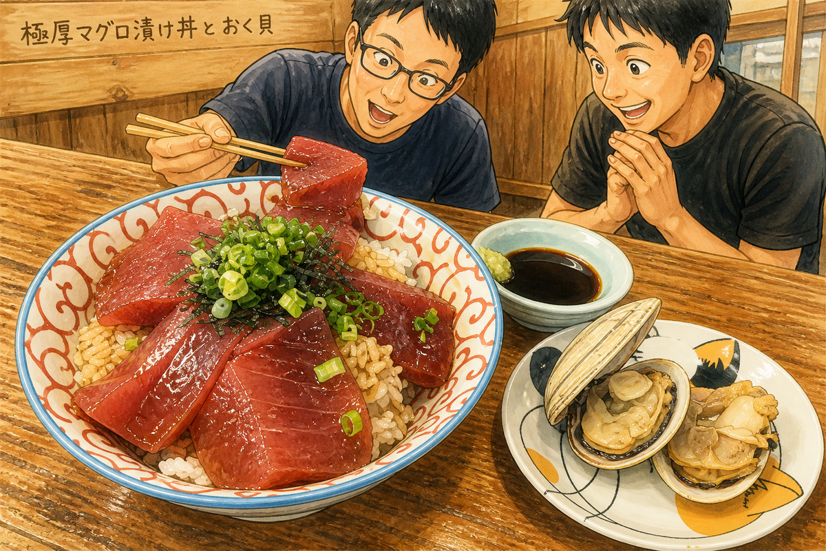 極厚の赤身マグロ漬け丼と2個のおく貝を前に驚く父親と仕事仲間