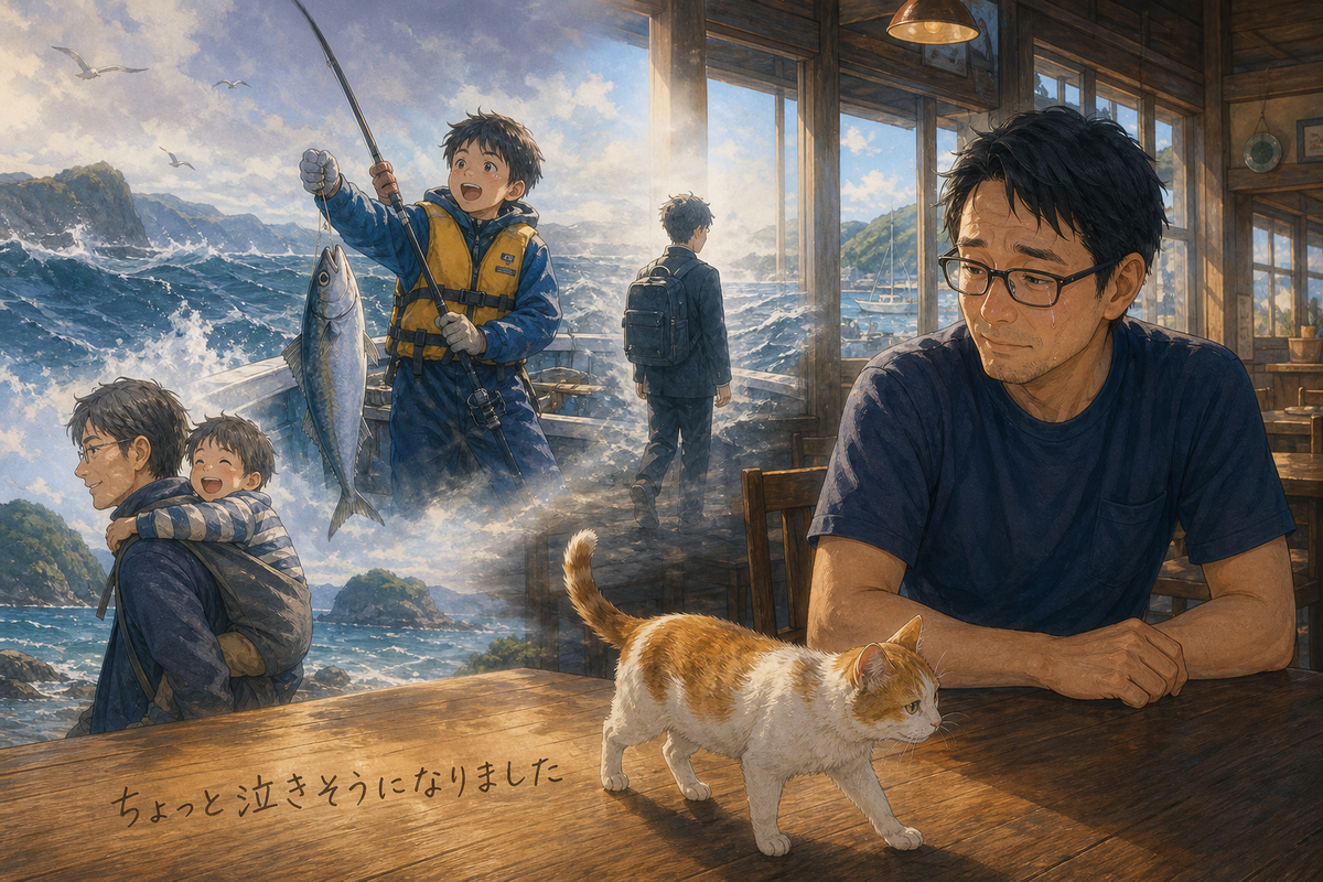 猫が歩く先田商店で長男との友ヶ島や船釣りを思い返し、涙ぐむ父親