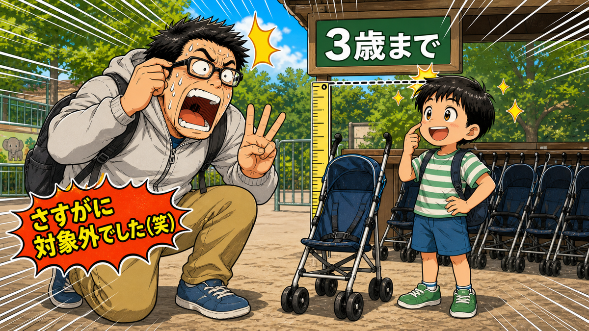 3歳までの案内と小さな貸出ベビーカーを前に、笑顔の小学生の三男と驚く父親を描いた挿絵