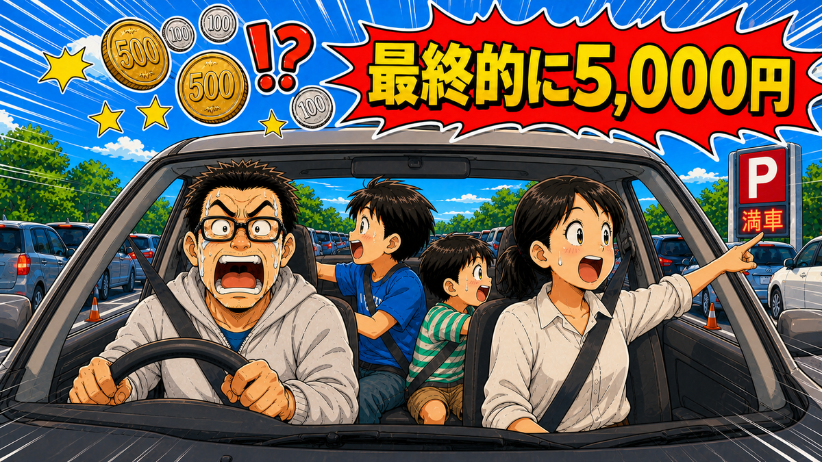 花火大会当日の渋滞と満車表示を車内から見て、駐車料金5,000円に驚く父母と次男・三男のコミカルな挿絵
