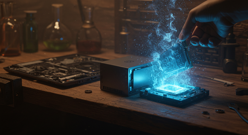 新たな器（NUC）に、心臓（SSD）が移植された、まさに「その瞬間」。器から、生命の光が溢れ出し、奇跡の成就を、静かに、しかし、力強く、物語る。