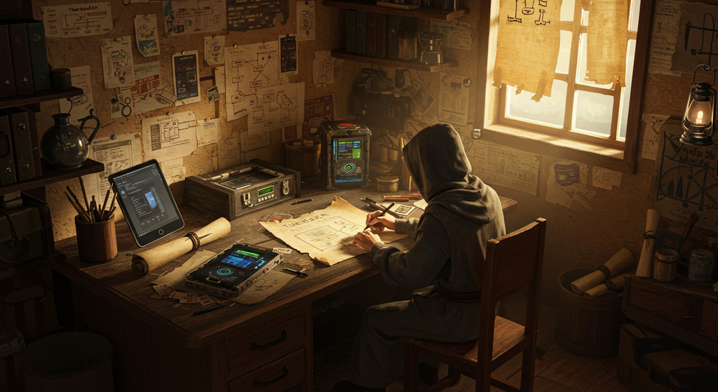 旅人のアトリエ。壁には、無数の設計図やUIスケッチが、ピンで留められている。机の上には、作りかけの神器の部品と、SQLiteの構造図が広げられている。「たびと」は、その中心で、新たな機能のアイデアを、羊皮紙に、夢中で書きなぐっている。