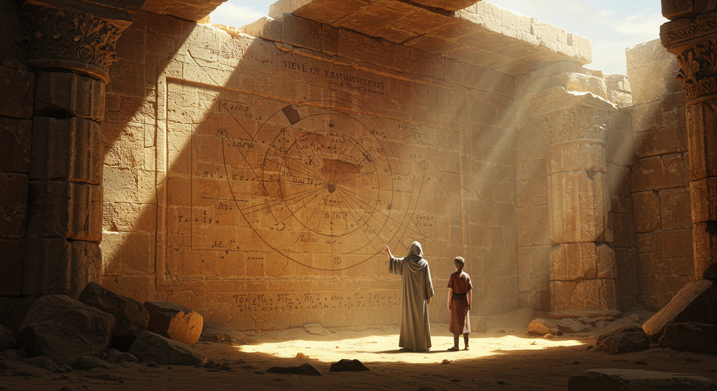 古代遺跡の、巨大な壁画。そこに描かれているのは、エラトステネスのふるいという、古代の知恵を、師が弟子に、伝えている、神話的な場面。