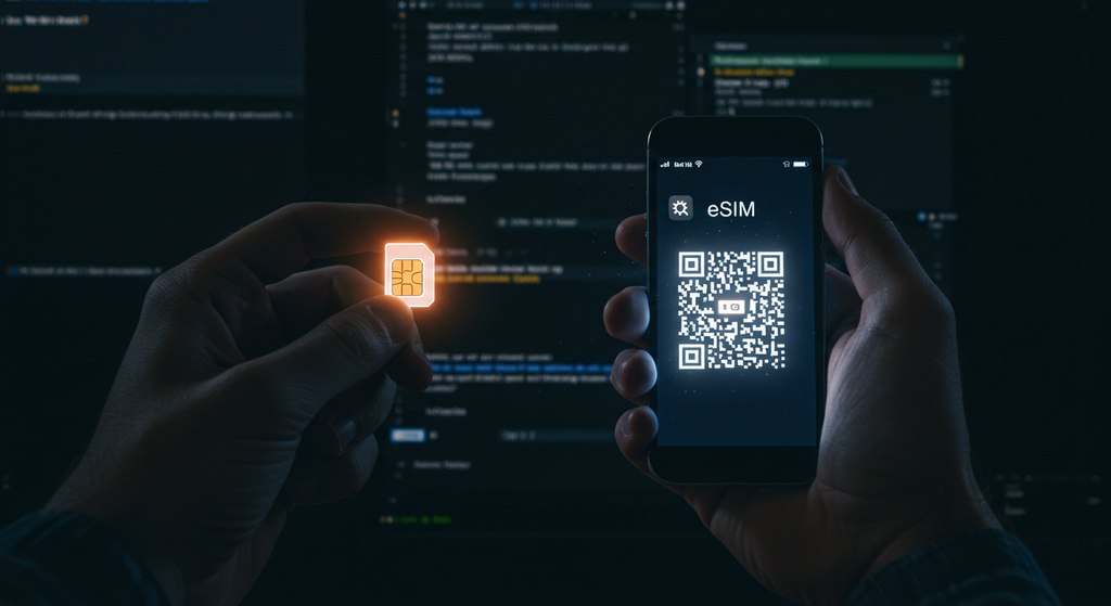 物理SIMとeSIM、二つの魂を、その手に持ち、どちらを、どうすればいいのか、途方に暮れる、旅人の、内面的な葛藤を描く。
