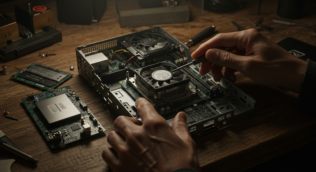 アトリエの作業台の上。分解され、その魂の全てを晒したNUC。その心臓部（CPUファン）を、旅人が、真剣な眼差しで、覗き込んでいる、緊迫感あふれる情景。