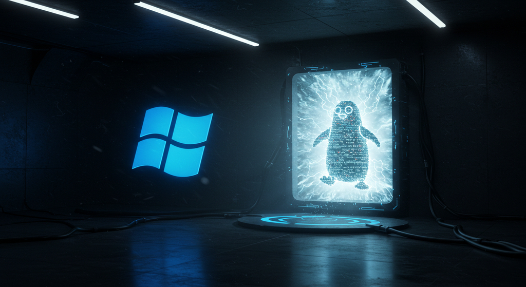 Windowsの象徴である「窓」そのものが、魔法陣となり、そこから、Linuxの魂（ペンギン）が、光と共に、召喚される、幻想的で、力強い情景。