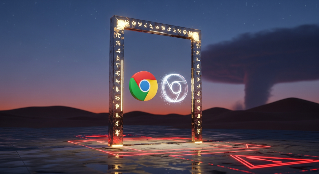 電脳砂漠の中心に立つ巨大な水晶の鏡。その鏡面に、同じChromeアイコンが二つ、まるで分身の術のように並んで映し出されている。一つは実体として鮮明に、もう一つは幽霊のように半透明で揺らめいている。鏡の周囲には古代の碑文が刻まれ、その文字が淡い金色の光を放っている。地面には幾何学模様が描かれ、この異常現象を示す警告のように赤い光が点滅している。背景は薄暮の砂漠、不安定さを象徴する砂嵐が遠くで渦巻いている。