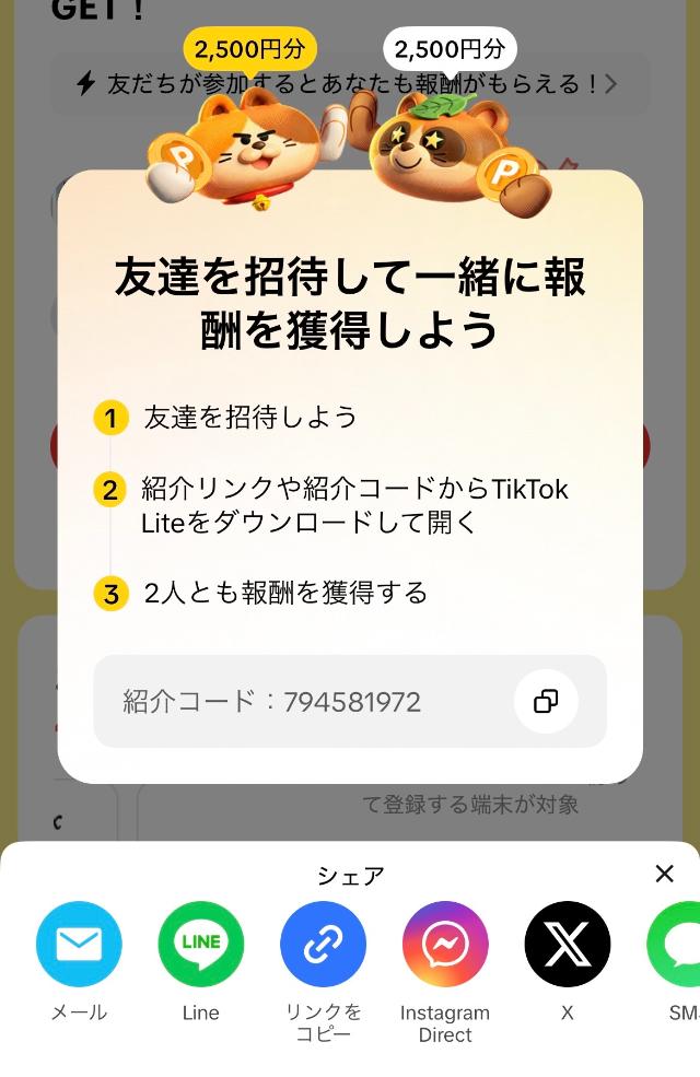 TikTok Lite 招待コード 確認画面