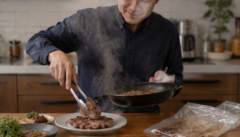 実際に届いた牛タンの味わいを確認する男性