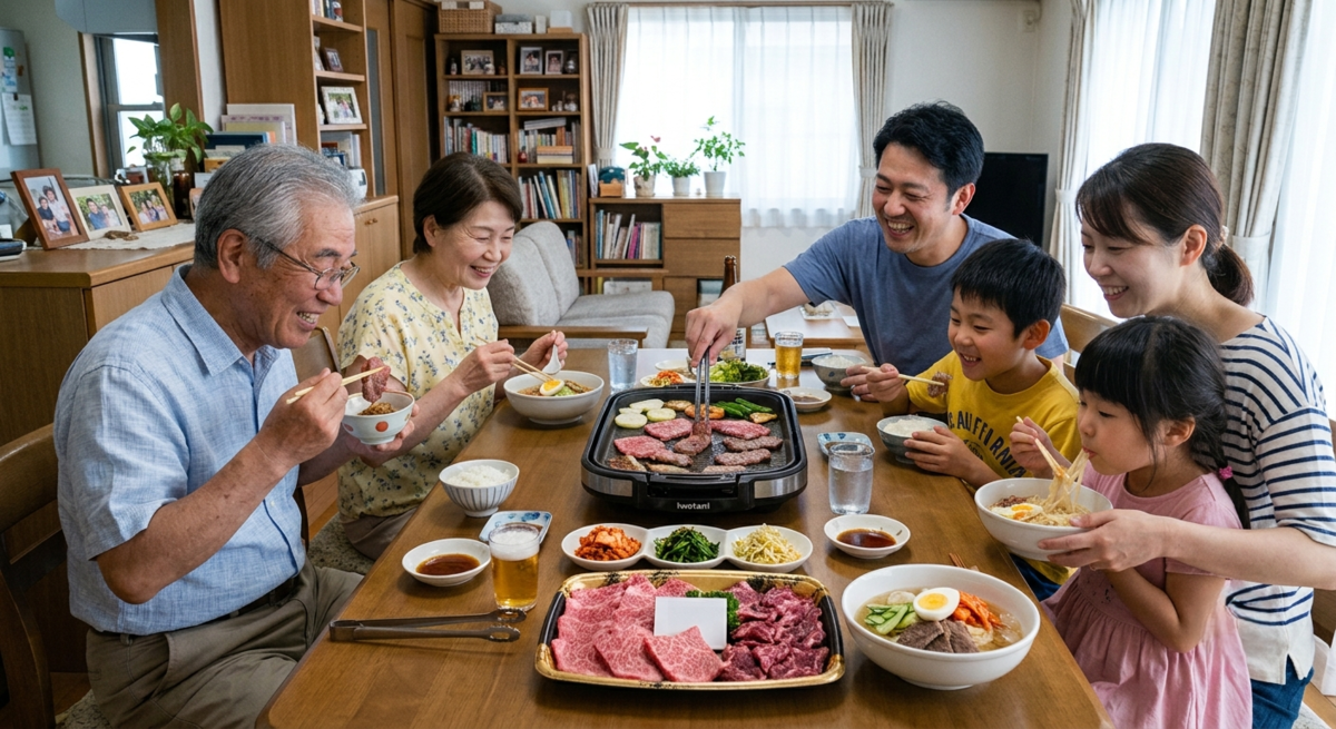 やまなか家 オンラインショップで買ったお肉と盛岡冷麺を食べる家族