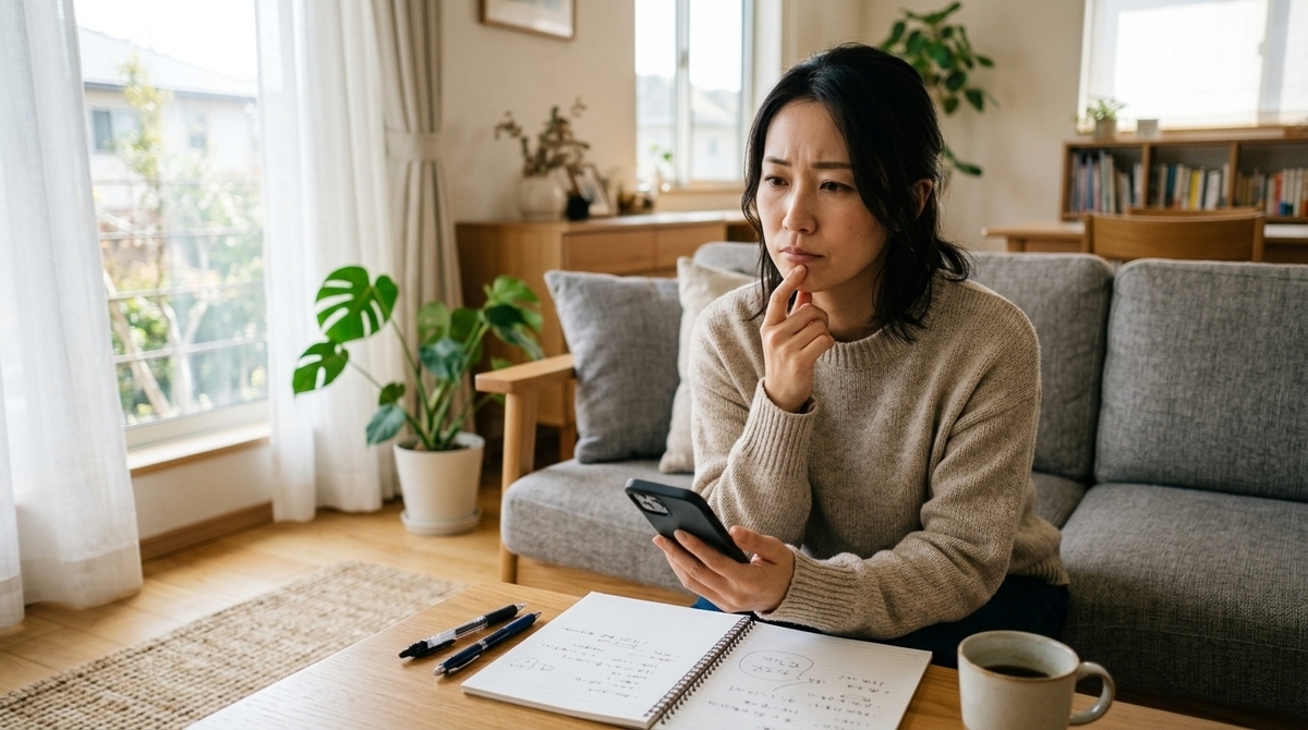 赤飯の購入を迷いながらスマホで口コミを調べる女性