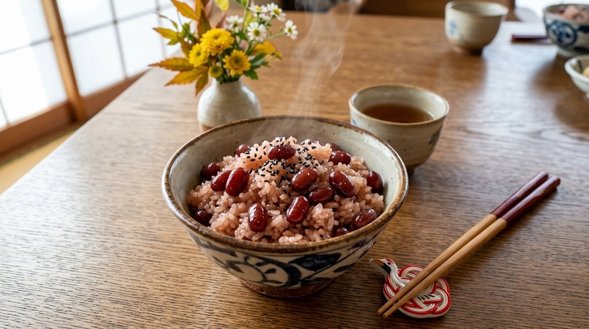 炊きたての出雲のおもてなし赤飯が器に盛られたお祝いの食卓