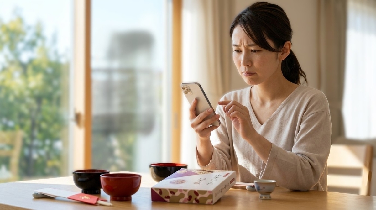 出雲のおもてなし赤飯の口コミをスマホで確認する女性