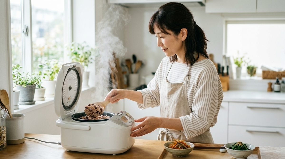 炊飯器から赤飯をよそう女性の手元とキッチンの調理風景